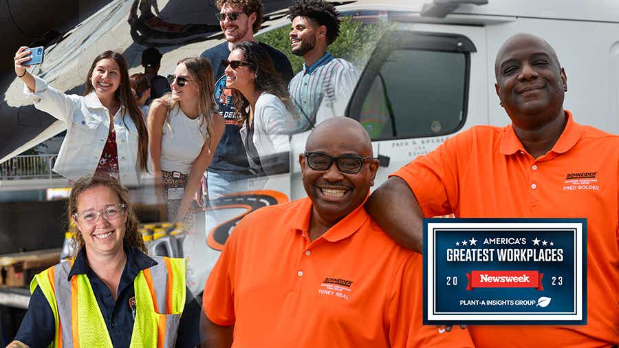 A collage of Schneider associates - office, drivers and a diesel mechanic