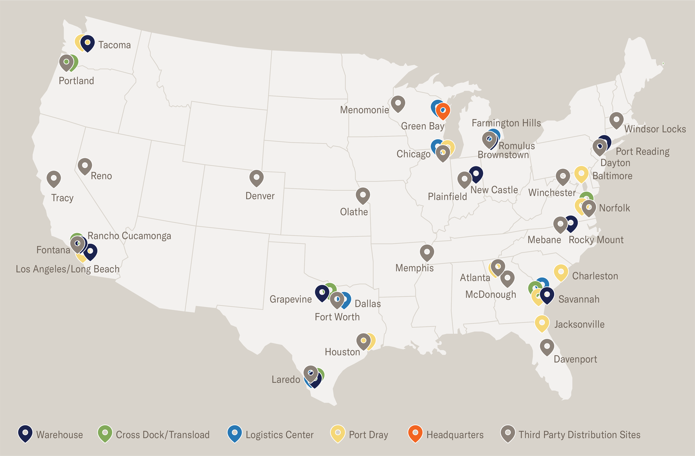 Logistics and Port locations map for Schneider